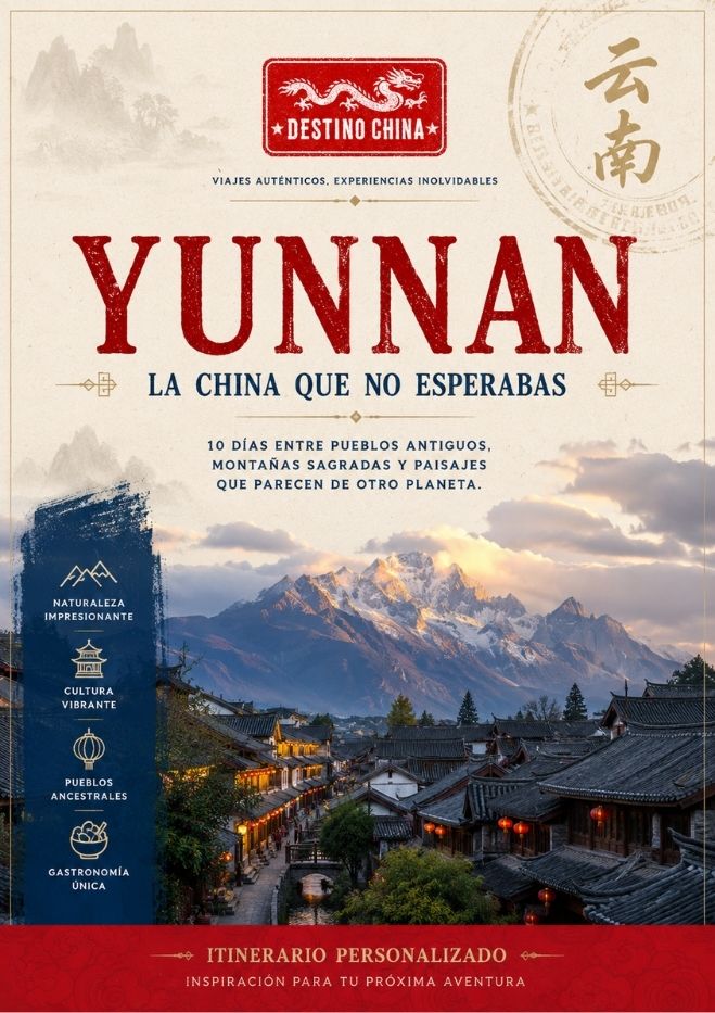 Póster del itinerario personalizado a Yunnan de la agencia Destino China, titulado 'La China que no esperabas', mostrando un pueblo antiguo con montañas nevadas al fondo y destacando naturaleza, cultura vibrante, pueblos ancestrales y gastronomía única.